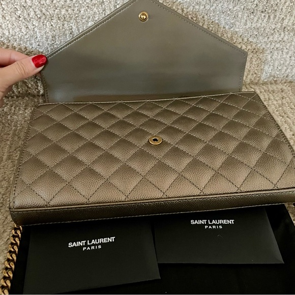 Saint Laurent Envelope Triquilt YSL Wallet on Chain Metallic Taupe BRAND NEW - Picture 3 of 11